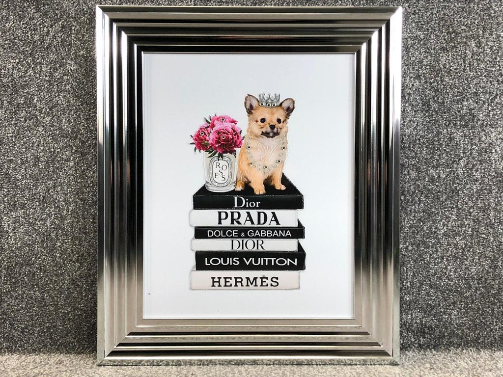 Liquid Art Pomeranian sat on Designer Books